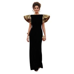 Vintage 1980s After Five Black Velvet Formal with Bold Gold Lame Accent Size Med